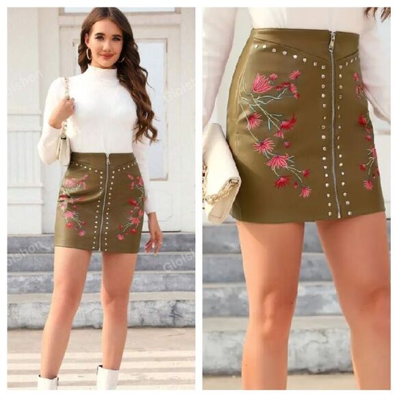 NWT Bellivera Camel Embroidered Zip Front Mini Skirt - Picture 2 of 7